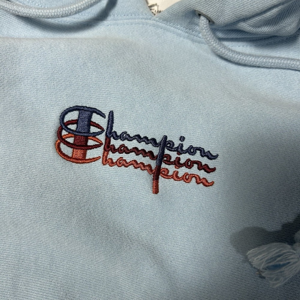 Champion Reverse Weave Triple Script Logo Pullover Hoodie Large Light Blue - Picture 3 of 8